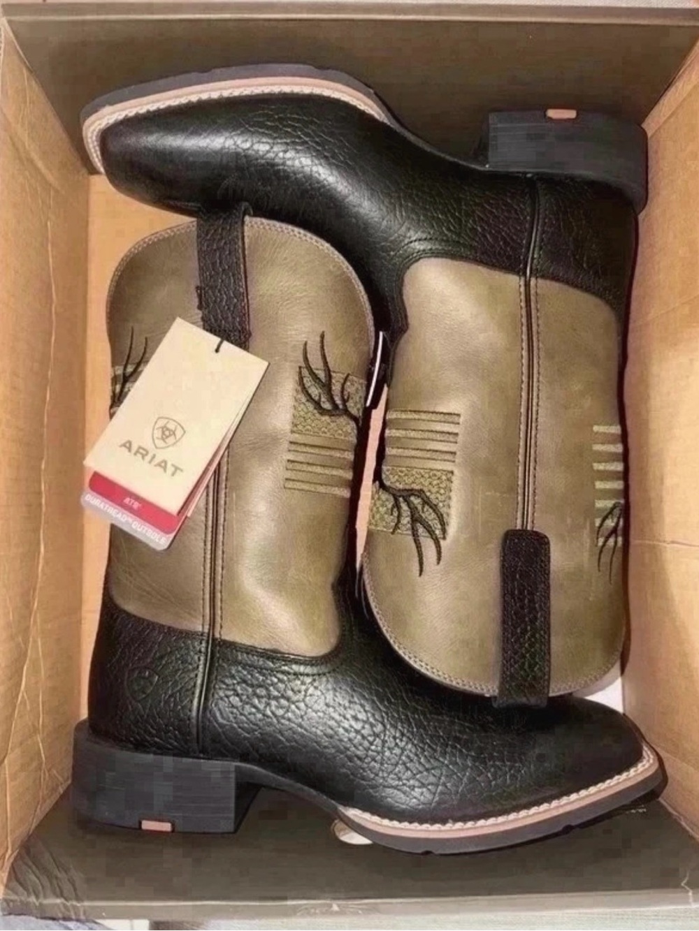 Ariat Men's Black and Olive Western Ranch Boots; Sport Antlers Cowboy Boot
